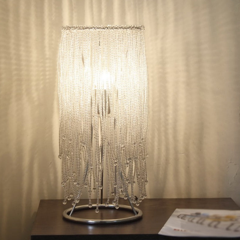 Chrome Crystal Fringed Nightstand Lamp: Sleek Single-Bulb Table Lighting For Postmodern Bedrooms
