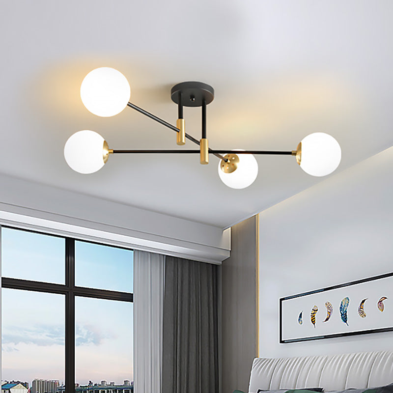 Modernist Black Glass Sphere Semi Flush Mount Light Fixture With Linear Arm - 4/6/8 Lights 4 / Cream