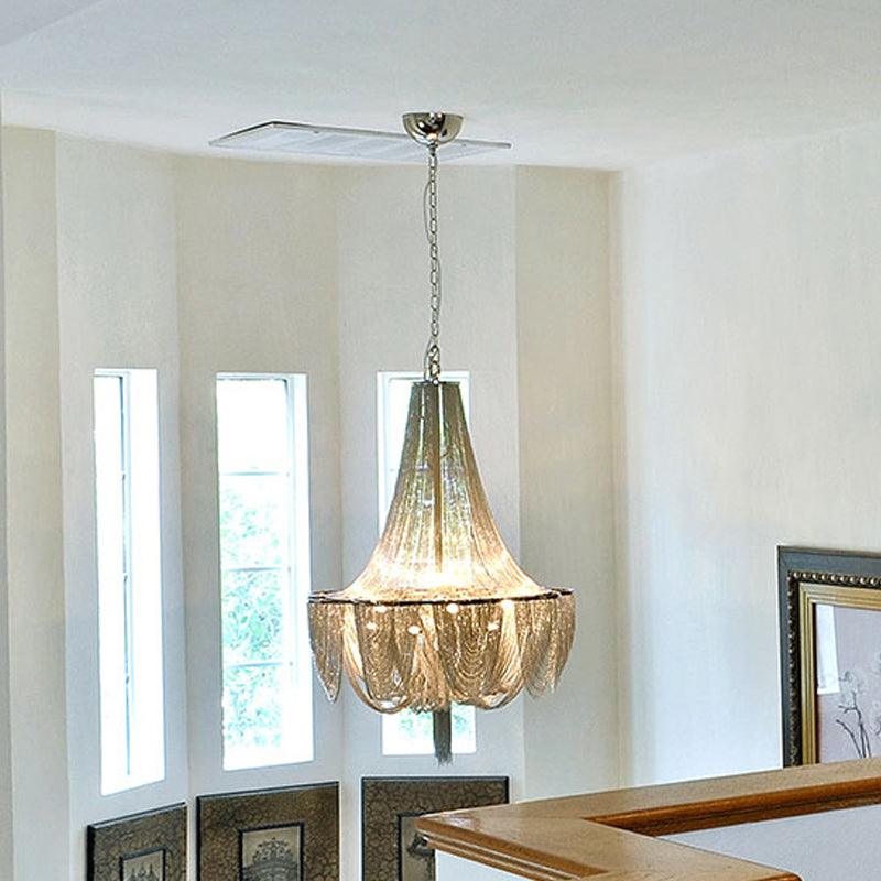 Post-Modern Silver Pendant Light: Tassel Chain Chandelier With 8 Heads For Living Room