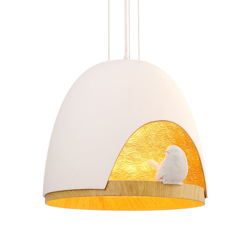 Contemporary Dome Pendant Light with Nest and Bird Design - Resin Hanging Lamp Fixture (White/Black)