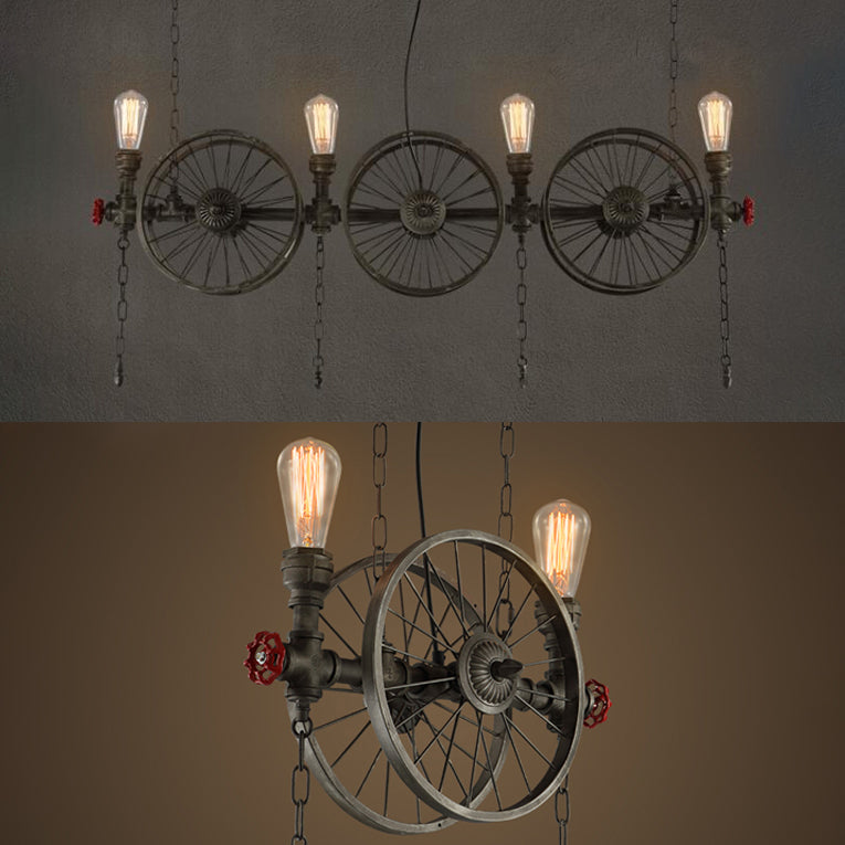 Farmhouse Style Wheel Design Island Light In Bronze With Open Bulb Lights - 2/4 Metallic Fixture