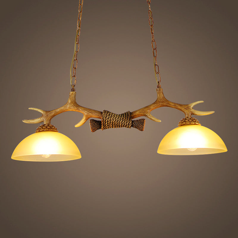 Retro Dome Pendant Light With Beige Glass And Decorative Deer Horn - Set Of 2