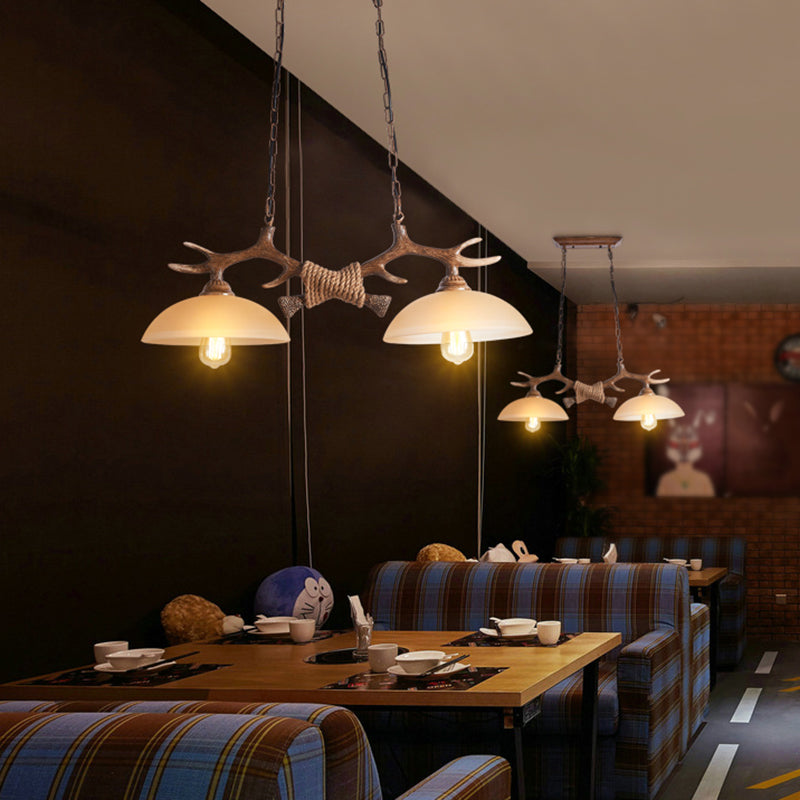 Rustic Beige Glass Island Pendant Light With Antler Decor - Bowl Shape 2 Bulbs Ideal For Restaurant