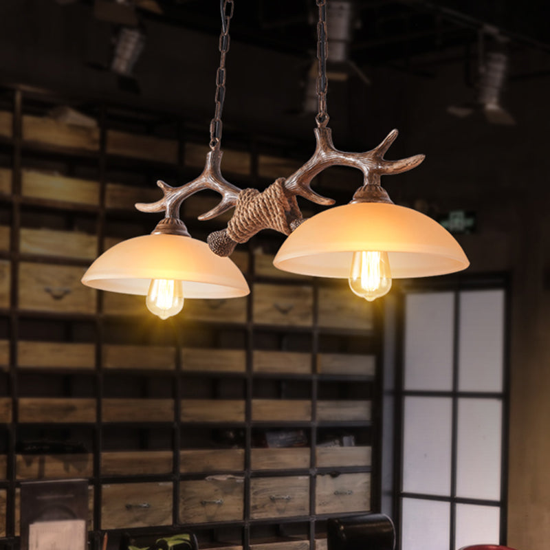 Rustic Beige Glass Island Pendant Light With Antler Decor - Bowl Shape 2 Bulbs Ideal For Restaurant