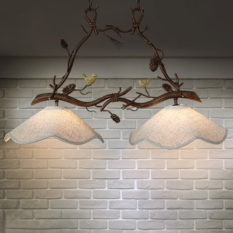 Classic 2-Head Resin Branch Suspension Light With Scalloped Shade - Brown / A