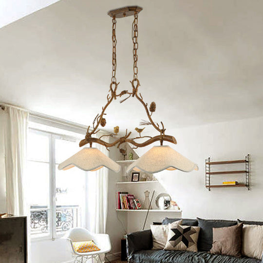 Classic 2-Head Resin Branch Suspension Light With Scalloped Shade - Brown