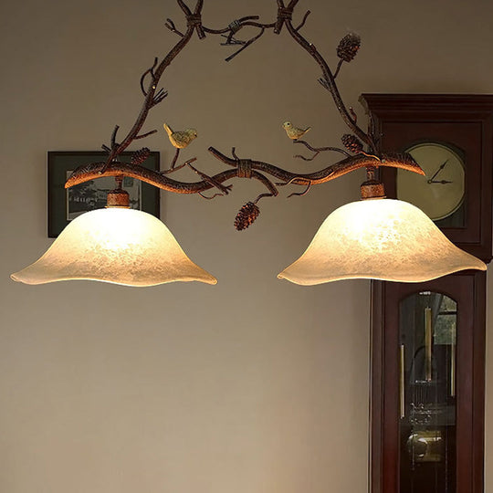 Classic 2-Head Resin Branch Suspension Light With Scalloped Shade - Brown / B