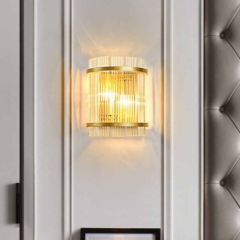 Living Room Wall Mount Light: Modern Gold Ribbed Glass Sconce With 2 Bulbs