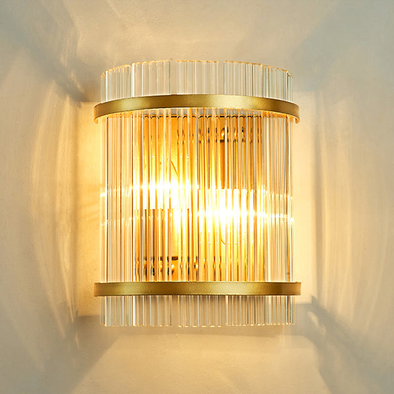 Living Room Wall Mount Light: Modern Gold Ribbed Glass Sconce With 2 Bulbs