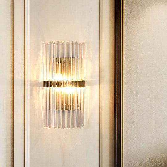 Gold Crystal Wall Sconce With 2 Heads - Contemporary Pillar Design For Living Room