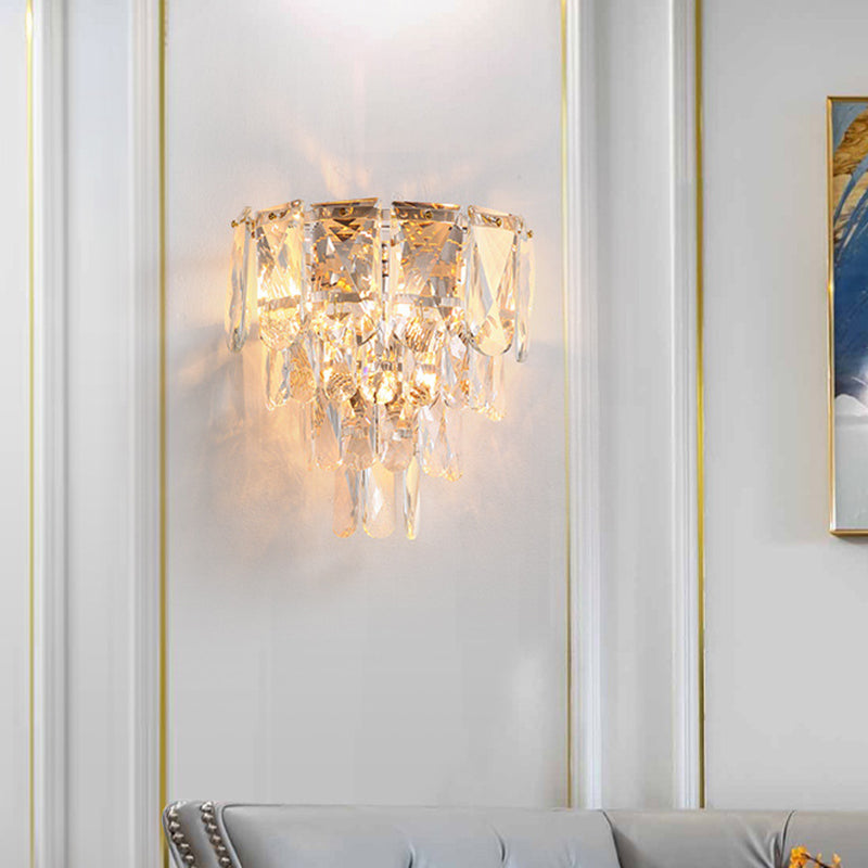 Artistic Crystal Tiered Wall Lamp - Elegant Brass 3-Head Light Fixture For Living Room Clear