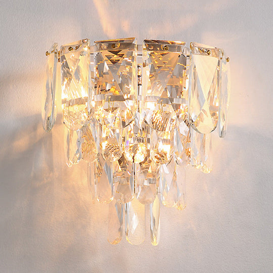 Artistic Crystal Tiered Wall Lamp - Elegant Brass 3-Head Light Fixture For Living Room