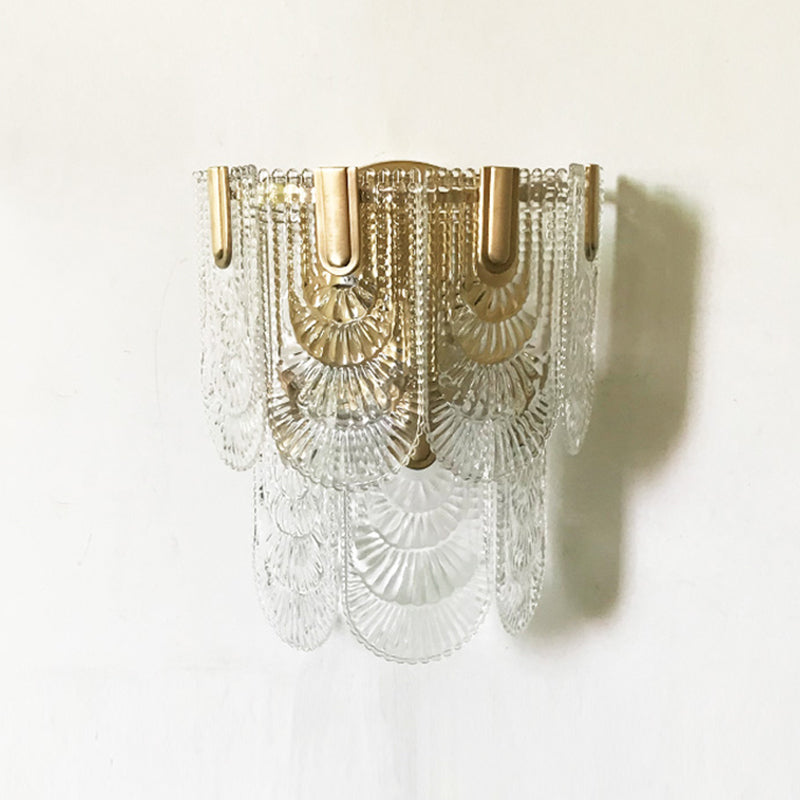 Minimalist Brass Wall Light: Tiered Scalloped Crystal Fixture With 3 Bulbs
