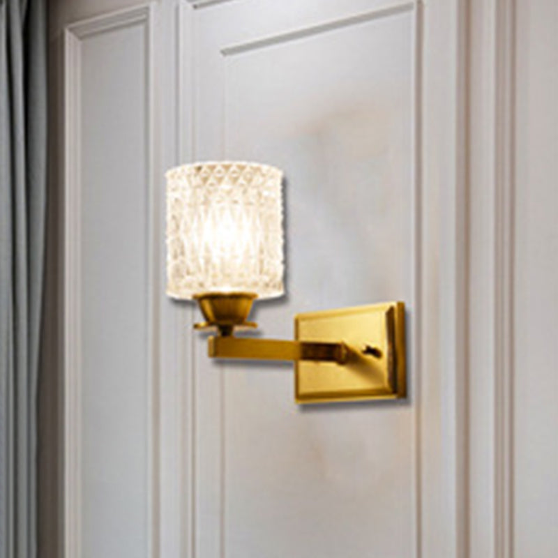 Contemporary Brass Wall Light Fixture With Lattice Glass For Corridor - Cylinder Shape 1 /