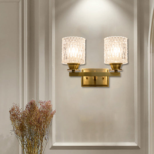 Contemporary Brass Wall Light Fixture With Lattice Glass For Corridor - Cylinder Shape 2 /