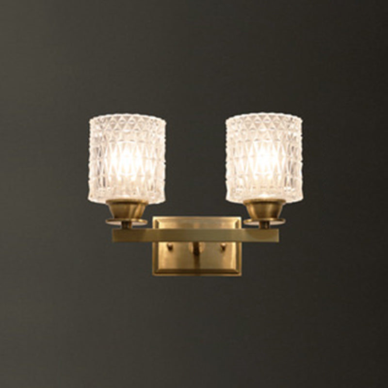 Contemporary Brass Wall Light Fixture With Lattice Glass For Corridor - Cylinder Shape