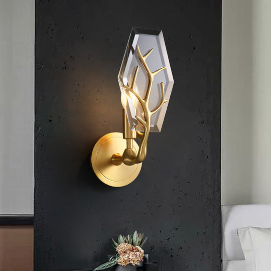 Hexagonal Crystal Wall Lamp - Artistic Single Fixture In Brass For Living Room