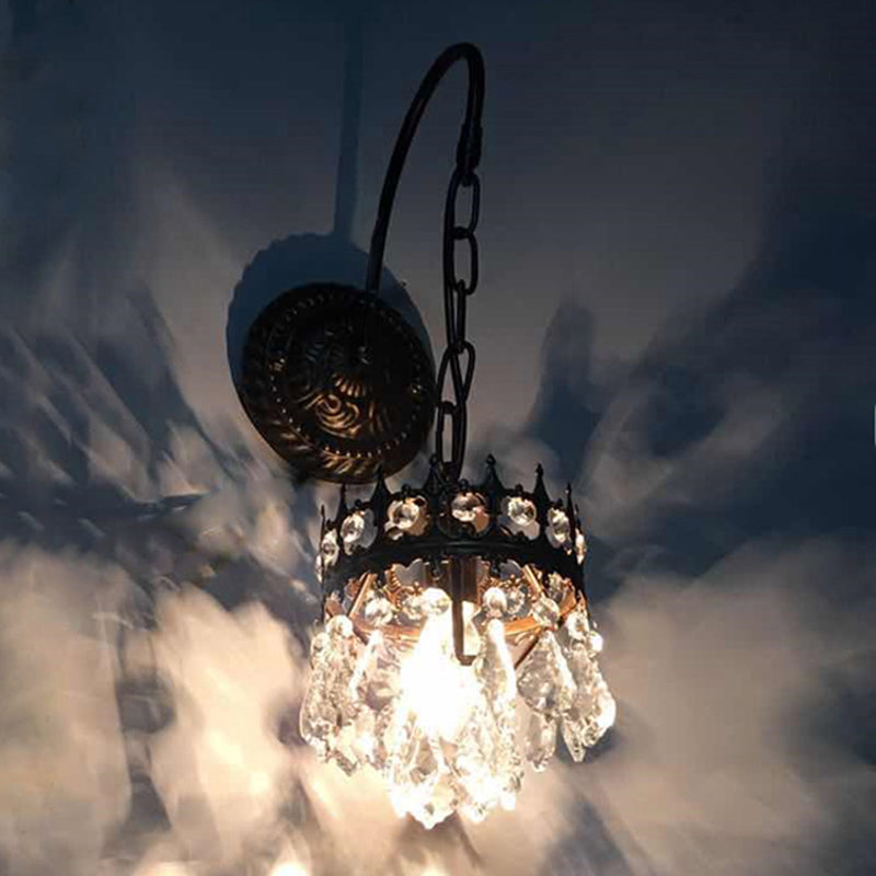 Modern Metallic Crown Wall Light With Crystal Drop - Single-Bulb Living Room Lighting