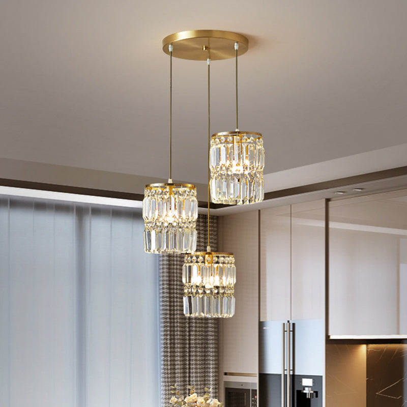 Modern Brass Pendant Chandelier With Tri-Prism Crystals - 3-Light Dining Room Fixture / Round