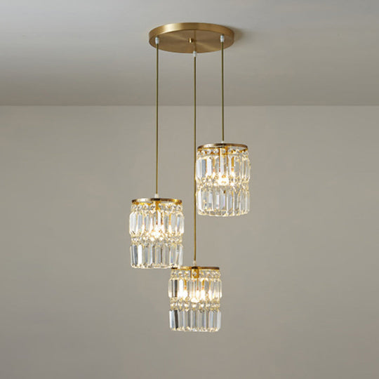 Brass Multi-Light Chandelier with Cylinder Hanging Pendant and Tri-Prism Crystal for Contemporary Dining Room