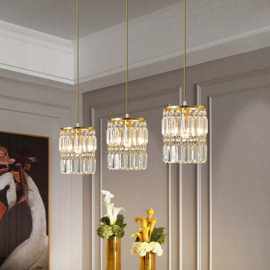 Brass Multi-Light Chandelier with Cylinder Hanging Pendant and Tri-Prism Crystal for Contemporary Dining Room