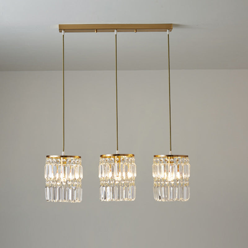 Modern Brass Pendant Chandelier With Tri-Prism Crystals - 3-Light Dining Room Fixture