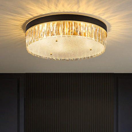 Faceted Crystal Drum Flush Mount Black Minimalist Lighting Fixture
