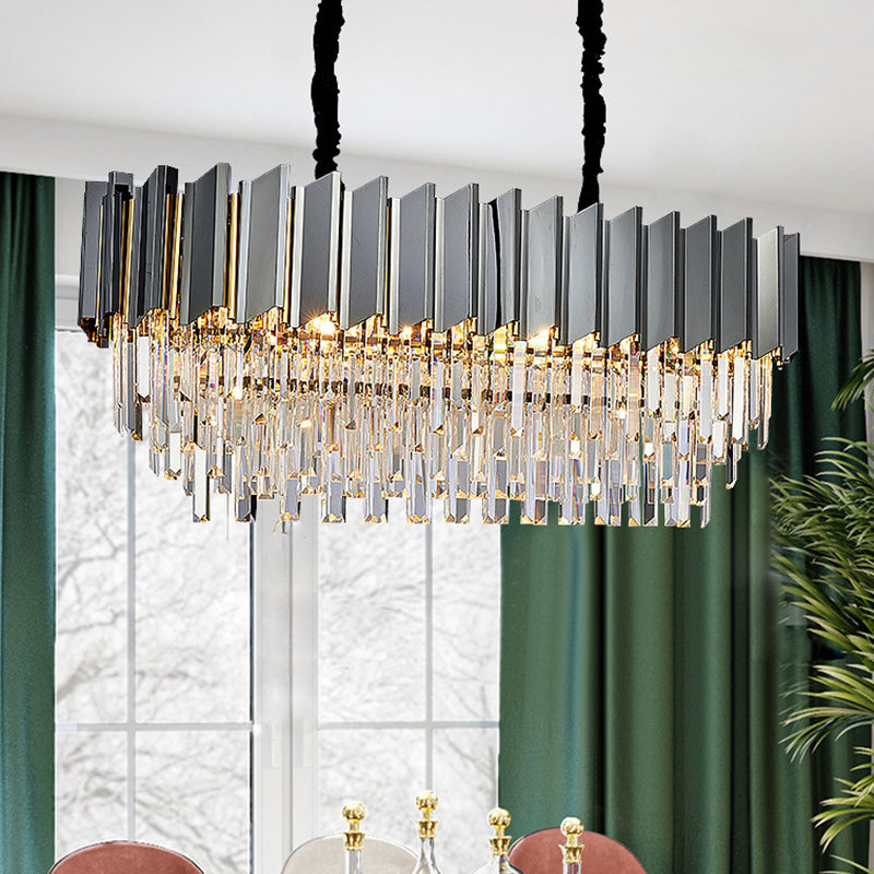 Contemporary Black Prismatic Crystal Oval Island Pendant Light Fixture For Dining Room