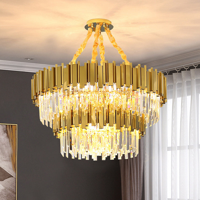 Modern Gold Drum Chandelier Pendant Light With Crystal Tri-Prism Design - Ideal For Living Room