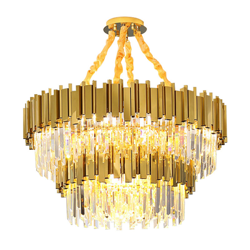 Modern Gold Drum Chandelier Pendant Light With Crystal Tri-Prism Design - Ideal For Living Room