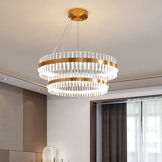 Modern Gold Ring Chandelier With Clear Crystals - Led Pendant Light Fixture For Living Room