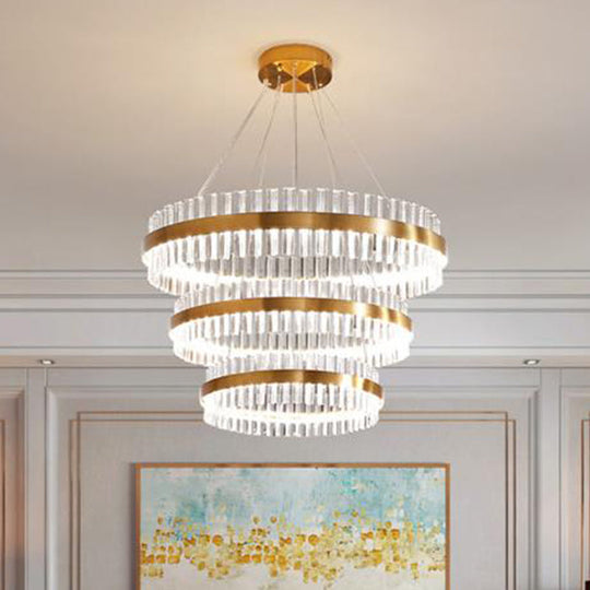 Modern Gold Ring Chandelier With Clear Crystals - Led Pendant Light Fixture For Living Room