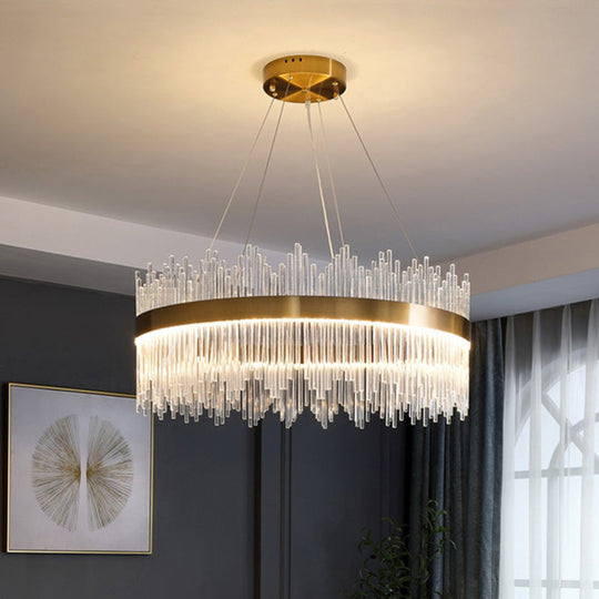 Gold Crystal Rod Circle LED Suspension Light - Elegant Living Room Chandelier