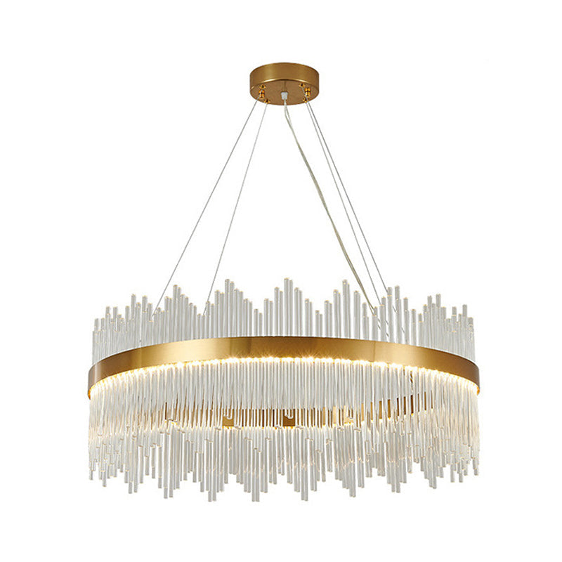 Gold Crystal Rod Circle LED Suspension Light - Elegant Living Room Chandelier