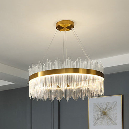 Gold Crystal Rod Circle LED Suspension Light - Elegant Living Room Chandelier