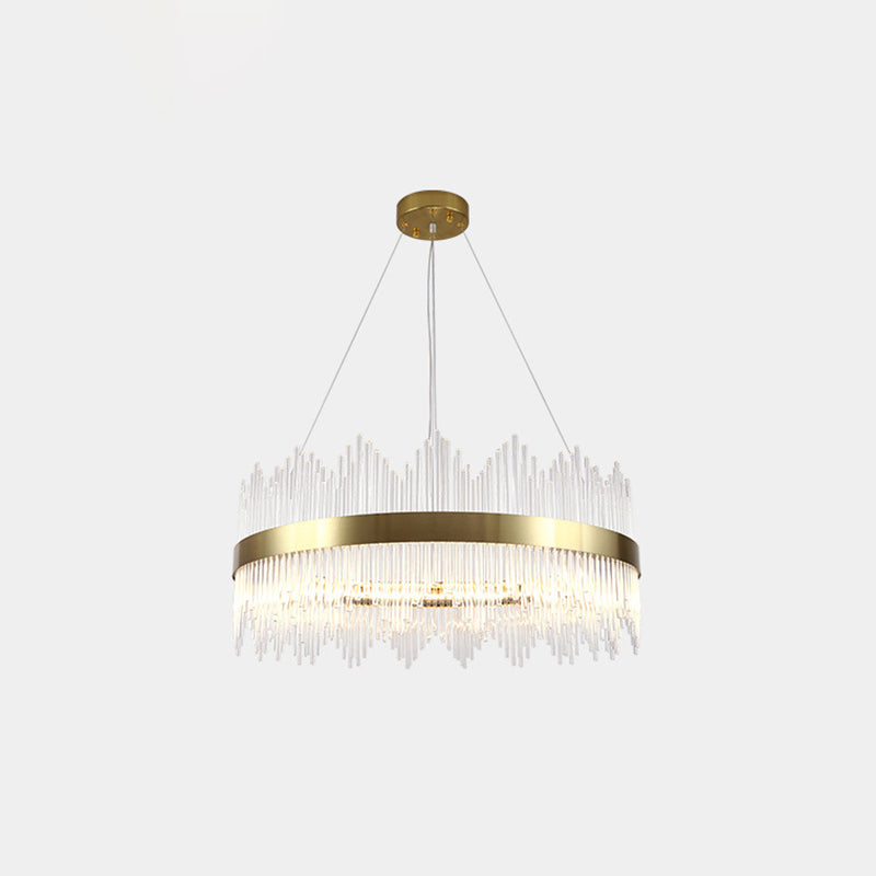 Gold Crystal Rod Circle LED Suspension Light - Elegant Living Room Chandelier