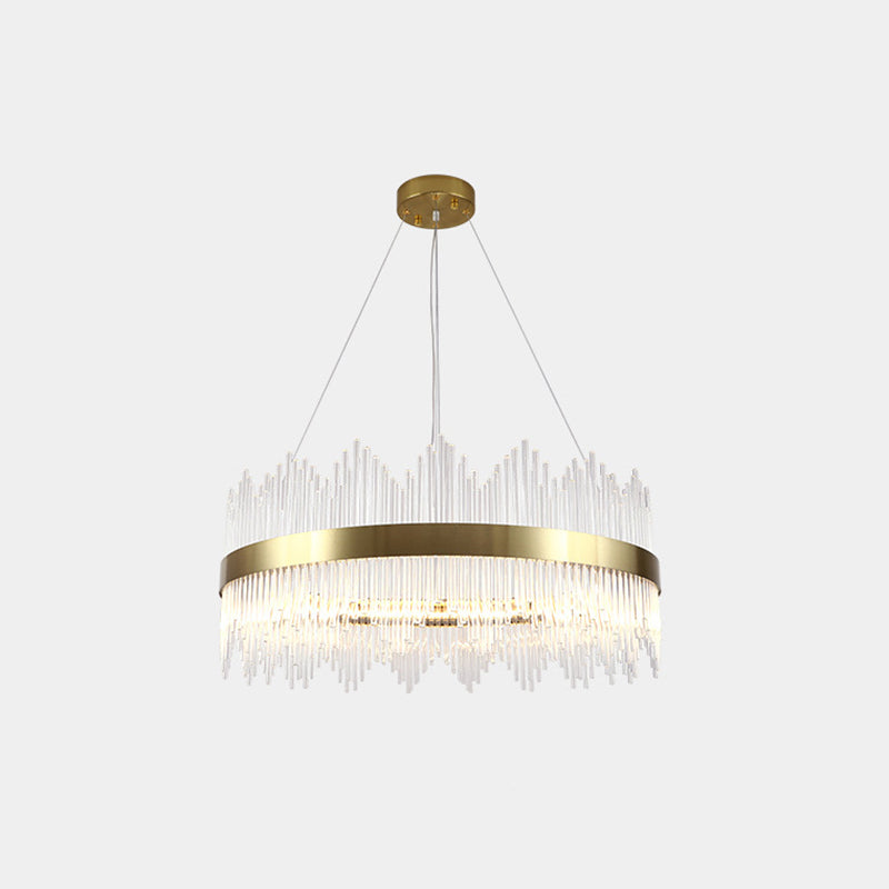 Gold Crystal Rod Circle LED Suspension Light - Elegant Living Room Chandelier