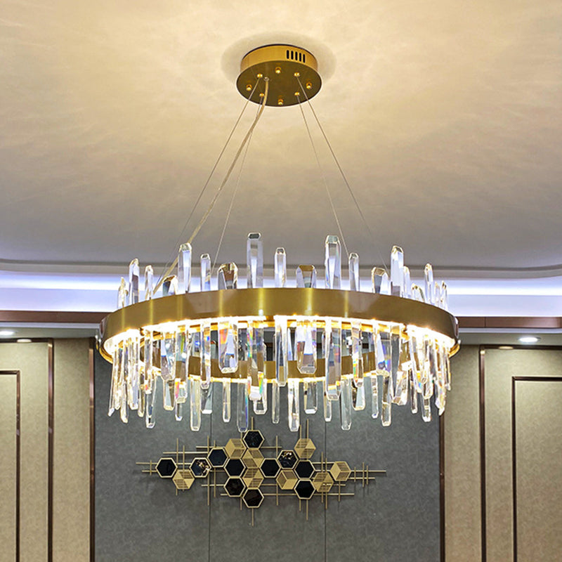 Gold Geometric Ring LED Ceiling Light with Faceted Crystal Chandelier