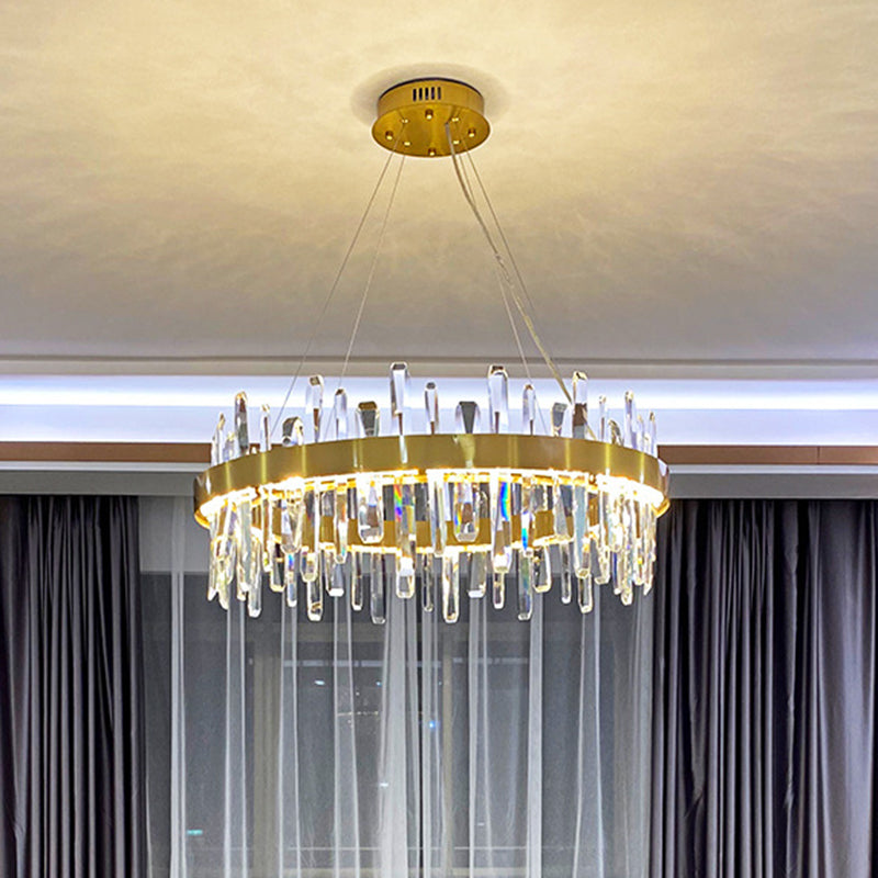 Gold Geometric Ring LED Ceiling Light with Faceted Crystal Chandelier