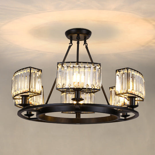 Artistic Ring Suspension Light - Clear Crystal Living Room Chandelier in Black