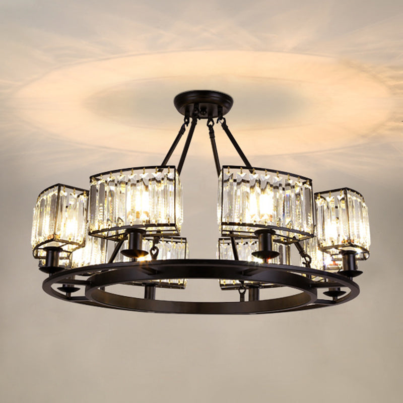 Artistic Ring Suspension Light - Clear Crystal Living Room Chandelier in Black