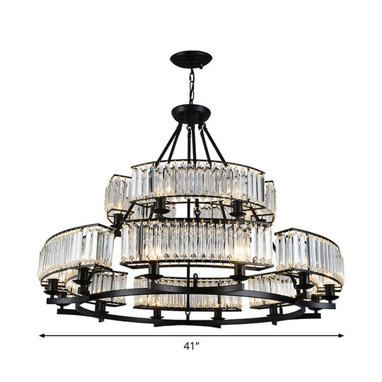 Artistic Ring Suspension Light - Clear Crystal Living Room Chandelier in Black