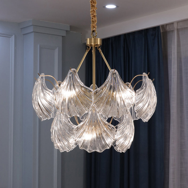 Gold Ribbed Glass Scallop Chandelier Pendant Light Fixture