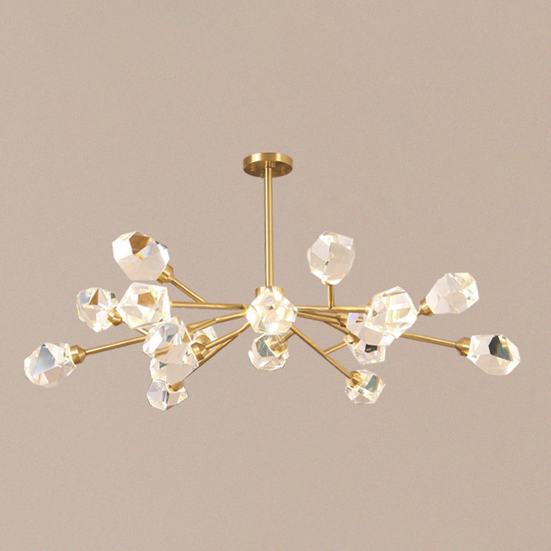 Metallic Pendant Light: Gold Beveled Crystal Shade Minimalist Branch Chandelier For Living Room 18 /
