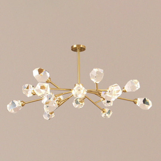 Metallic Pendant Light: Gold Beveled Crystal Shade Minimalist Branch Chandelier For Living Room 18 /