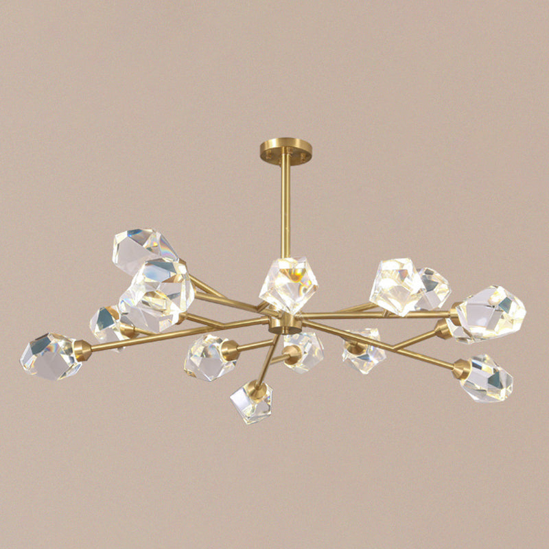 Metallic Pendant Light: Gold Beveled Crystal Shade Minimalist Branch Chandelier For Living Room 15 /