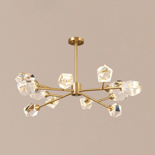 Metallic Pendant Light: Gold Beveled Crystal Shade Minimalist Branch Chandelier For Living Room 12 /