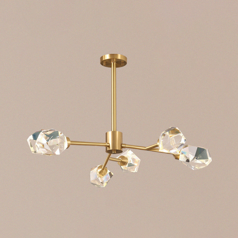 Metallic Pendant Light: Gold Beveled Crystal Shade Minimalist Branch Chandelier For Living Room 6 /