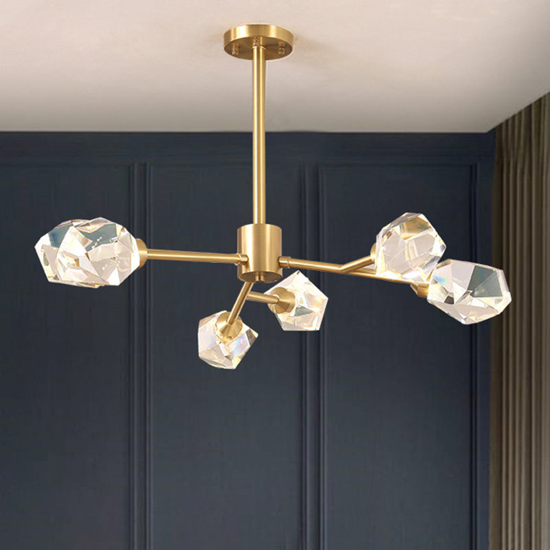 Metallic Pendant Light: Gold Beveled Crystal Shade Minimalist Branch Chandelier For Living Room