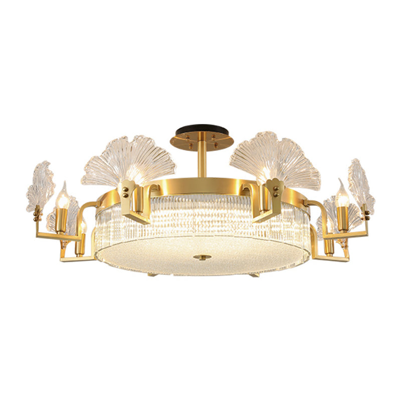 Ginkgo Leaf Shaped Chandelier Gold Pendant Light Fixture With Ribbed Glass For Living Room